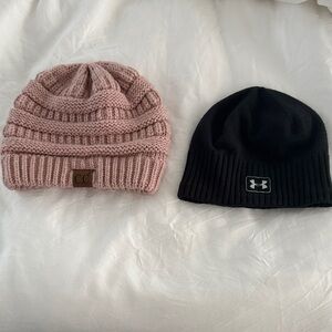 Under Armour Black Knit Hat and pink beanie